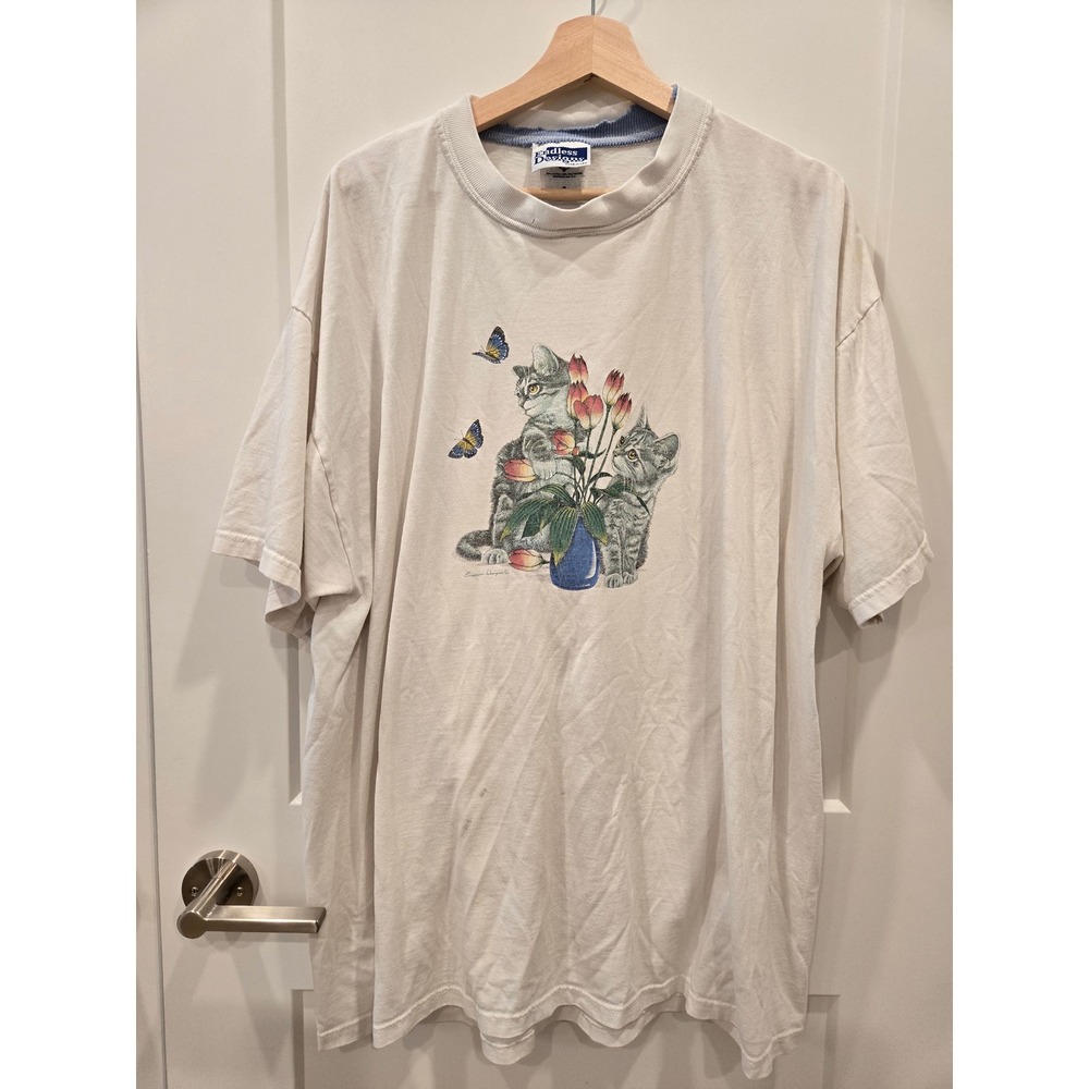 Vintage Endless Designs Cat tee Womens 2X White Tulips Butterflies Made in USA